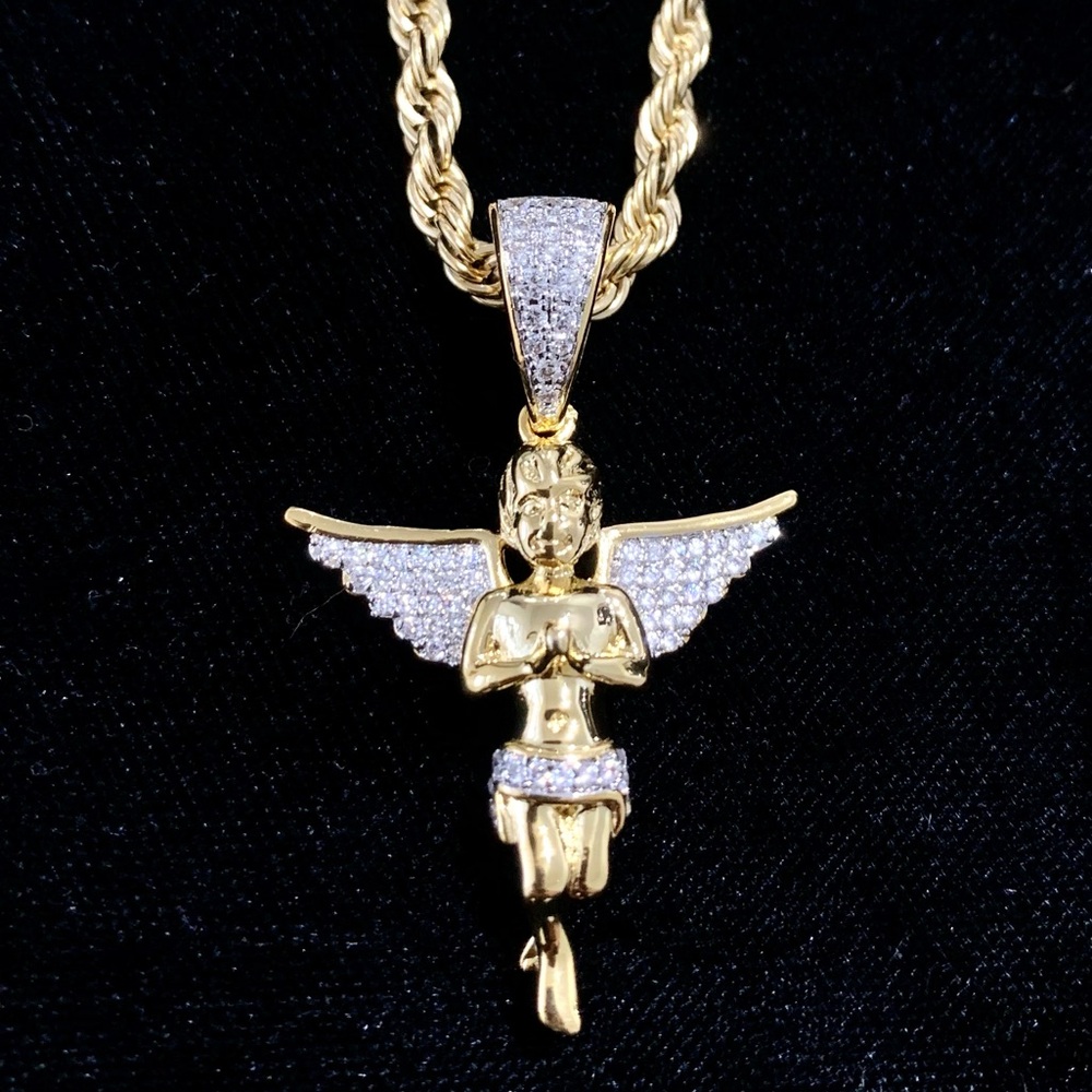 BEAUTIFUL ANGEL FULL LAB DIAMONDS 18K GOLD CHAIN NECKLACE PENDANT MADE IN ITALY